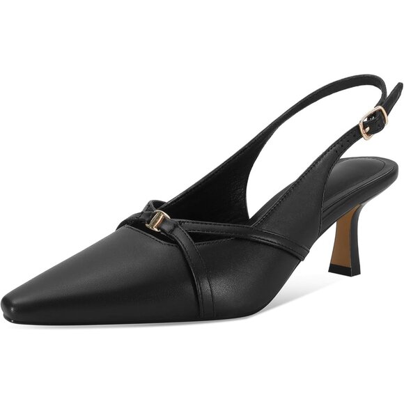 Women's Black Pointed Toe Slingback Pumps Low Kitten Heels Dress Shoes - Picture 6 of 6